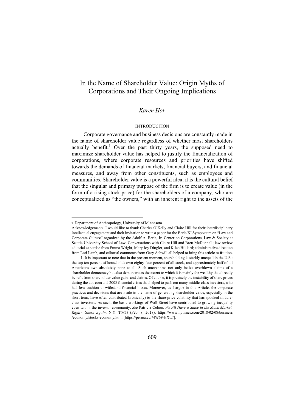 In the Name of Shareholder Value: Origin Myths of Corporations and Their Ongoing Implications