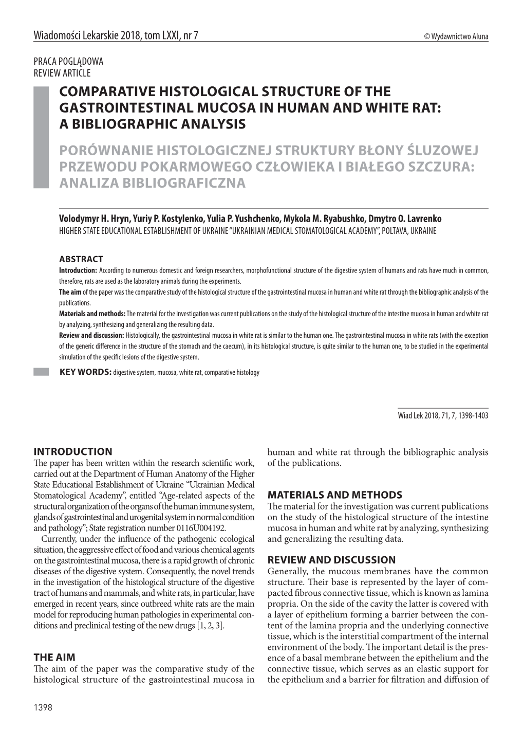 Comparative Histological Structure of the Gastrointestinal Mucosa in Human and White Rat: a Bibliographic Analysis Porównanie