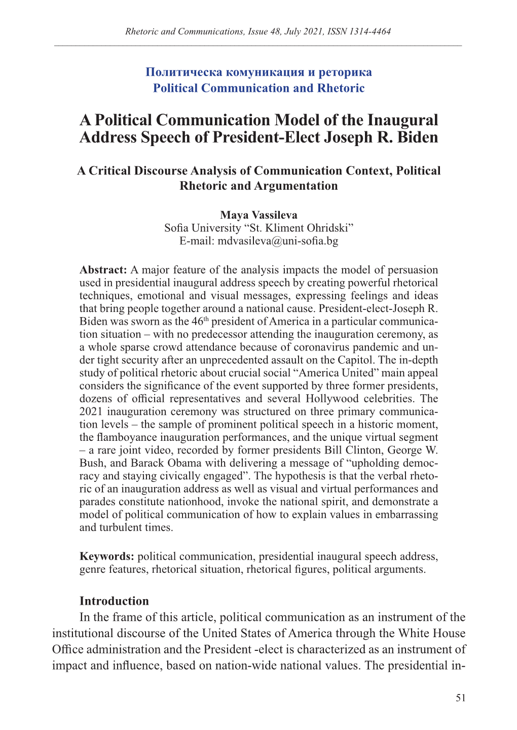 A Political Communication Model of the Inaugural Address Speech of President-Elect Joseph R