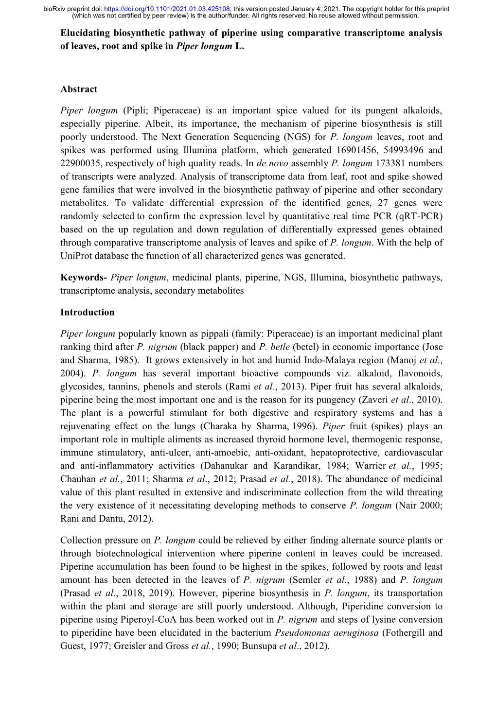 Elucidating Biosynthetic Pathway of Piperine Using Comparative Transcriptome Analysis of Leaves, Root and Spike in Piper Longum L