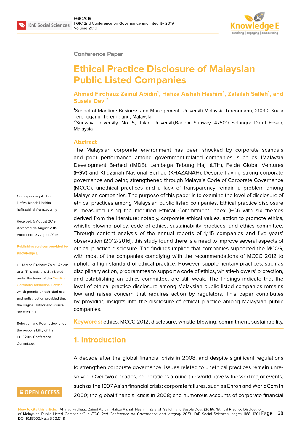 Ethical Practice Disclosure of Malaysian Public Listed Companies