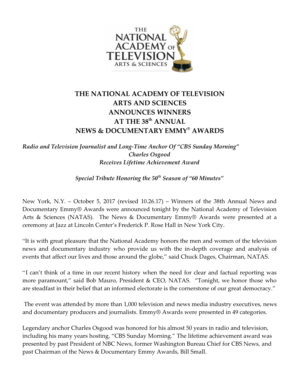 38Th ANNUAL NEWS and DOCUMENTARY EMMY AWARDS - WINNERS