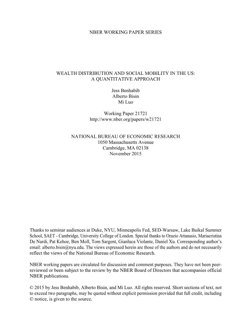 Wealth Distribution and Social Mobility in the Us: a Quantitative Approach