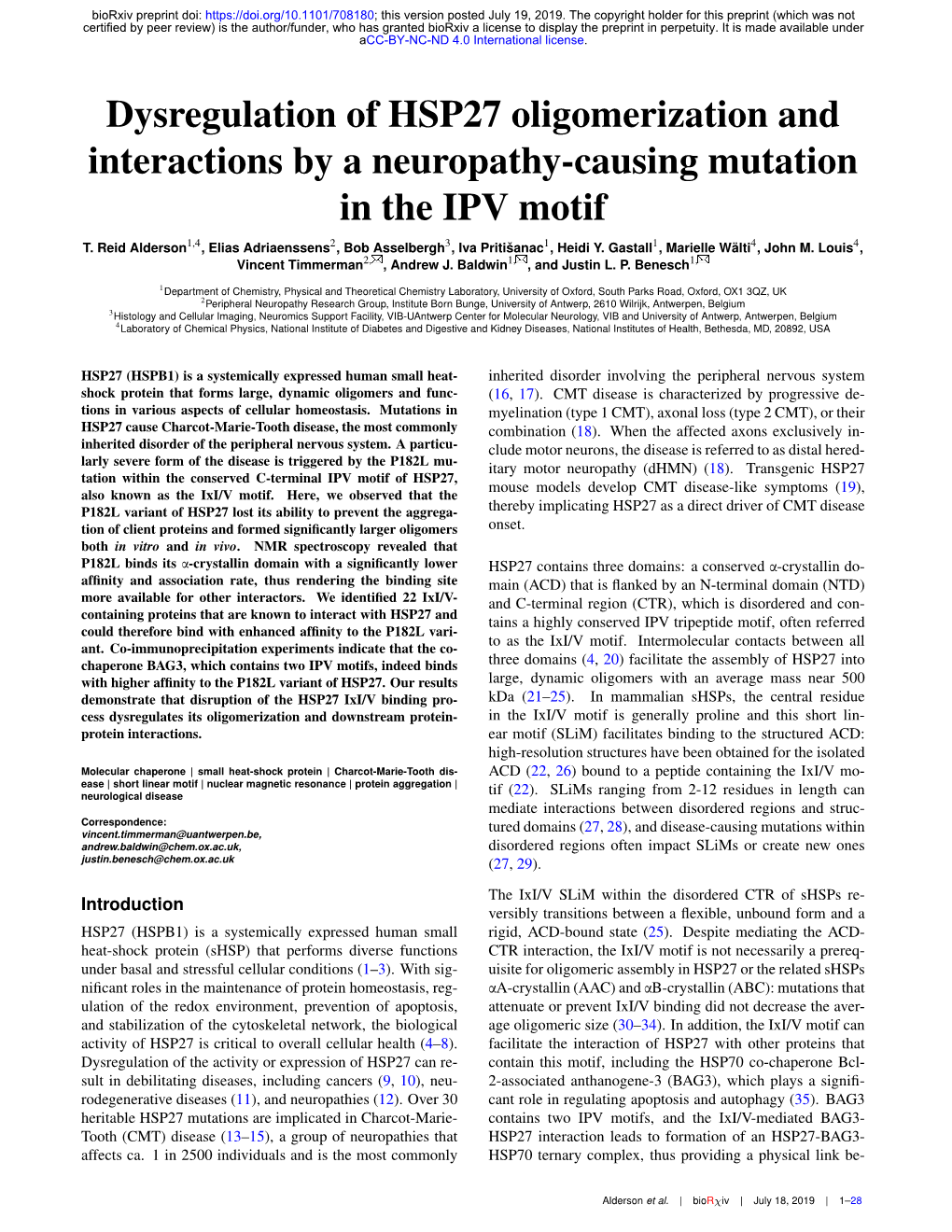 Dysregulation of HSP27 Oligomerization and Interactions by a Neuropathy-Causing Mutation in the IPV Motif