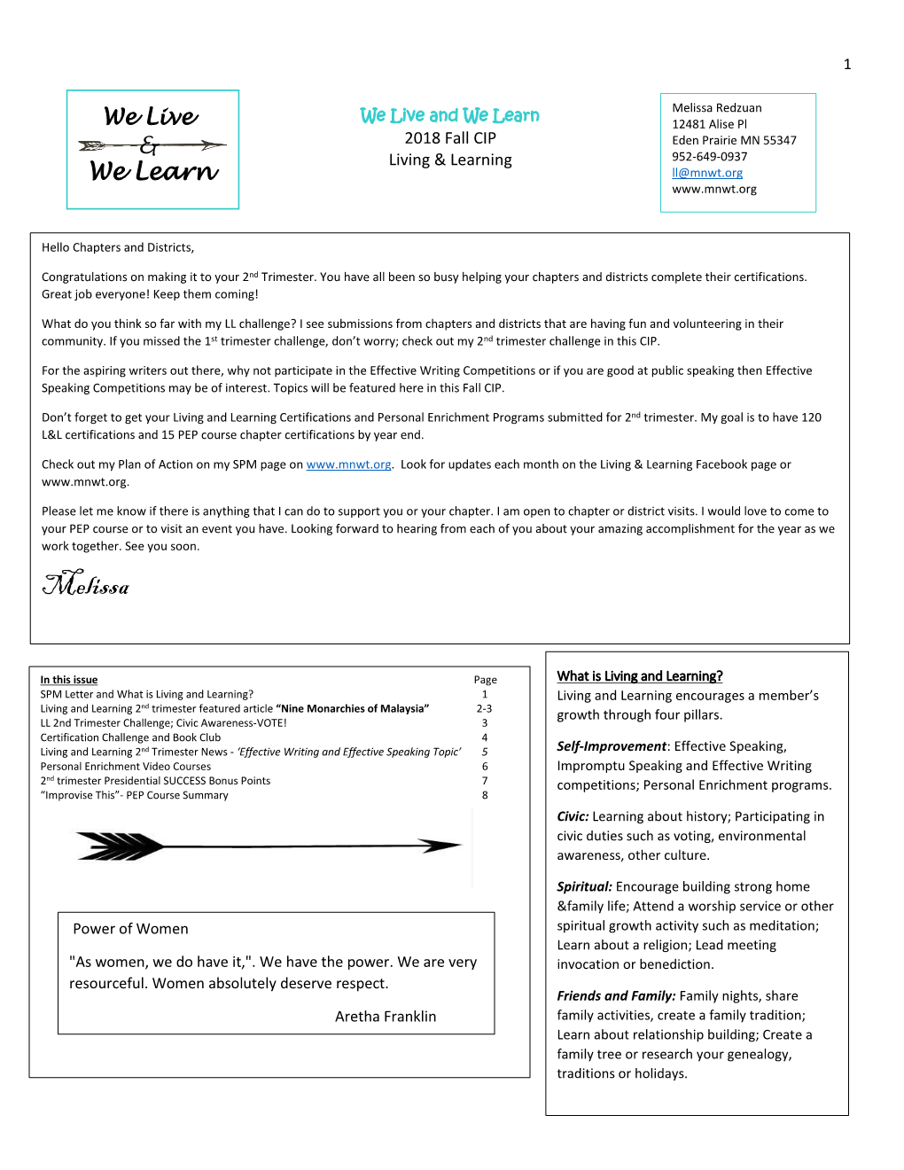 Melissa Redzuan We Live We Live and We Learn 12481 Alise Pl & 2018 Fall CIP Eden Prairie MN 55347 Living & Learning 952-649-0937 We Learn Ll@Mnwt.Org