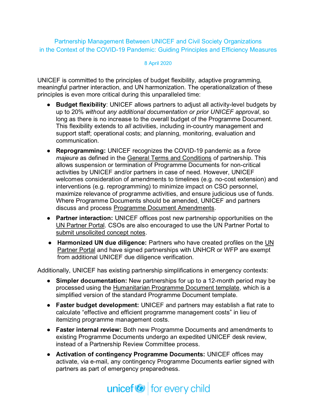Partnership Management Between UNICEF and Civil Society Organizations in the Context of the COVID-19 Pandemic: Guiding Principles and Efficiency Measures
