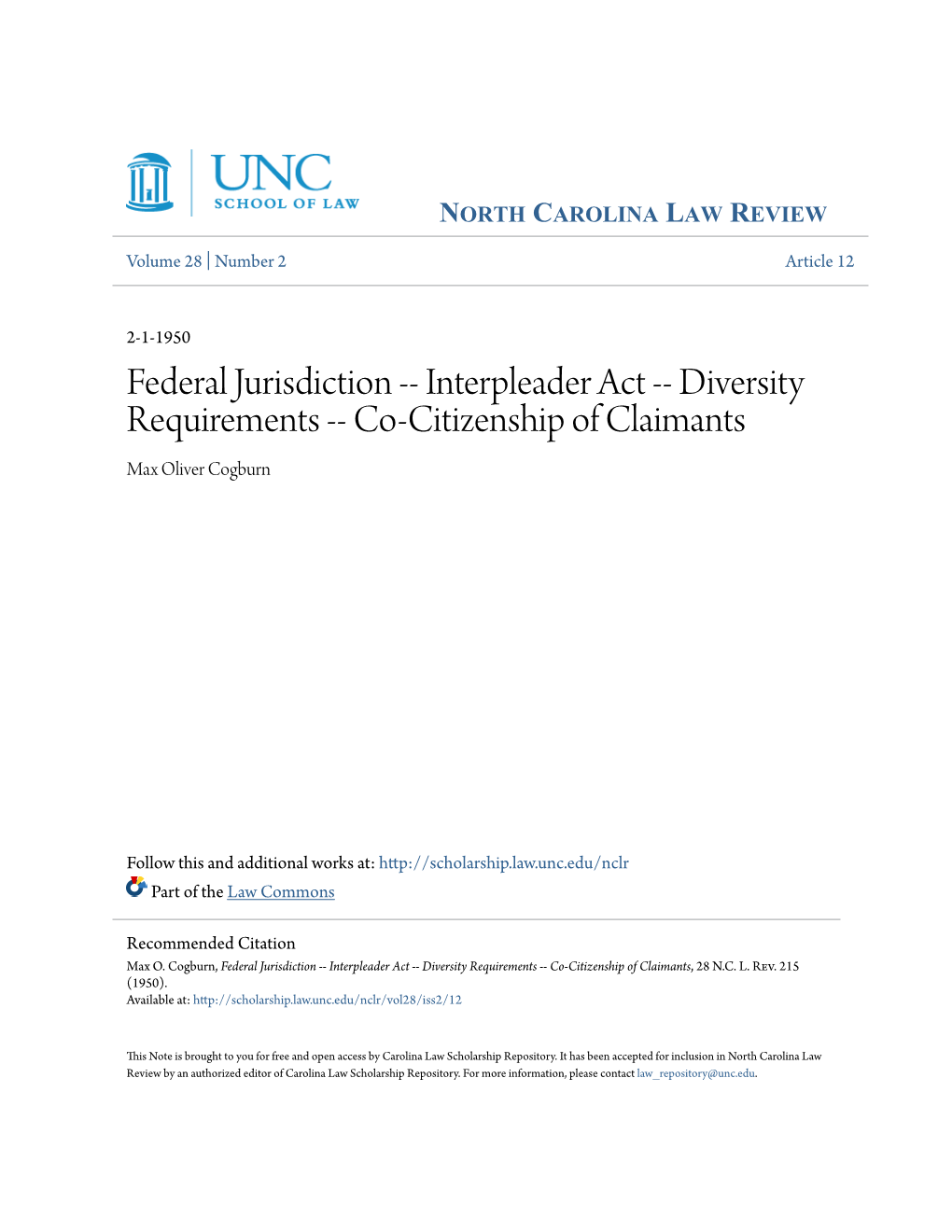 Interpleader Act -- Diversity Requirements -- Co-Citizenship of Claimants Max Oliver Cogburn