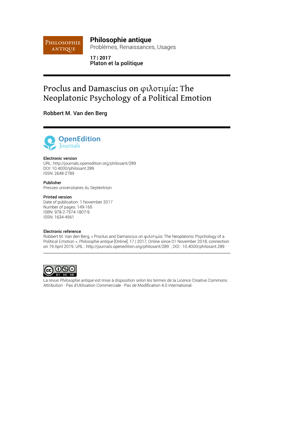 Proclus and Damascius on Φιλοτιμία: the Neoplatonic Psychology of a Political Emotion