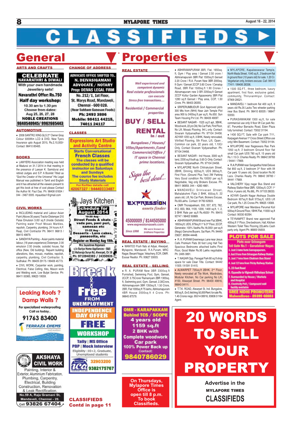 20 WORDS to SELL YOUR PROPERTY on Thursdays, Mylapore Times Advertise in the Office Is MYLAPORE TIMES Open Till 8 P.M