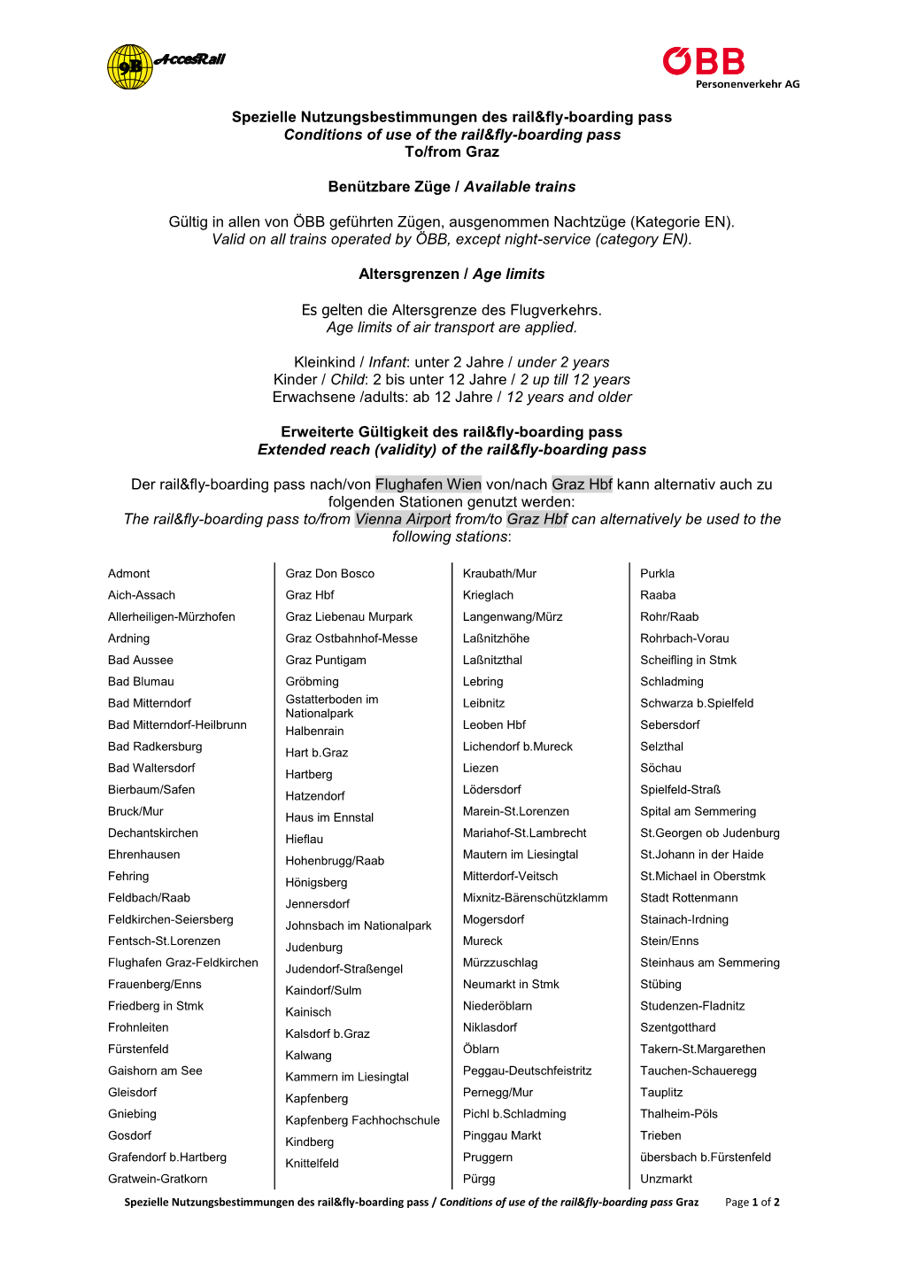 Spezielle Nutzungsbestimmungen Des Rail&Fly-Boarding Pass Conditions of Use of the Rail&Fly-Boarding Pass To/From Graz B