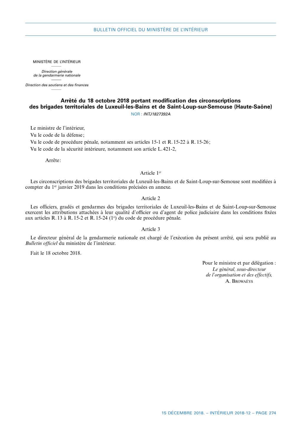 Arrêté Du 18 Octobre 2018 Portant Modification Des Circonscriptions