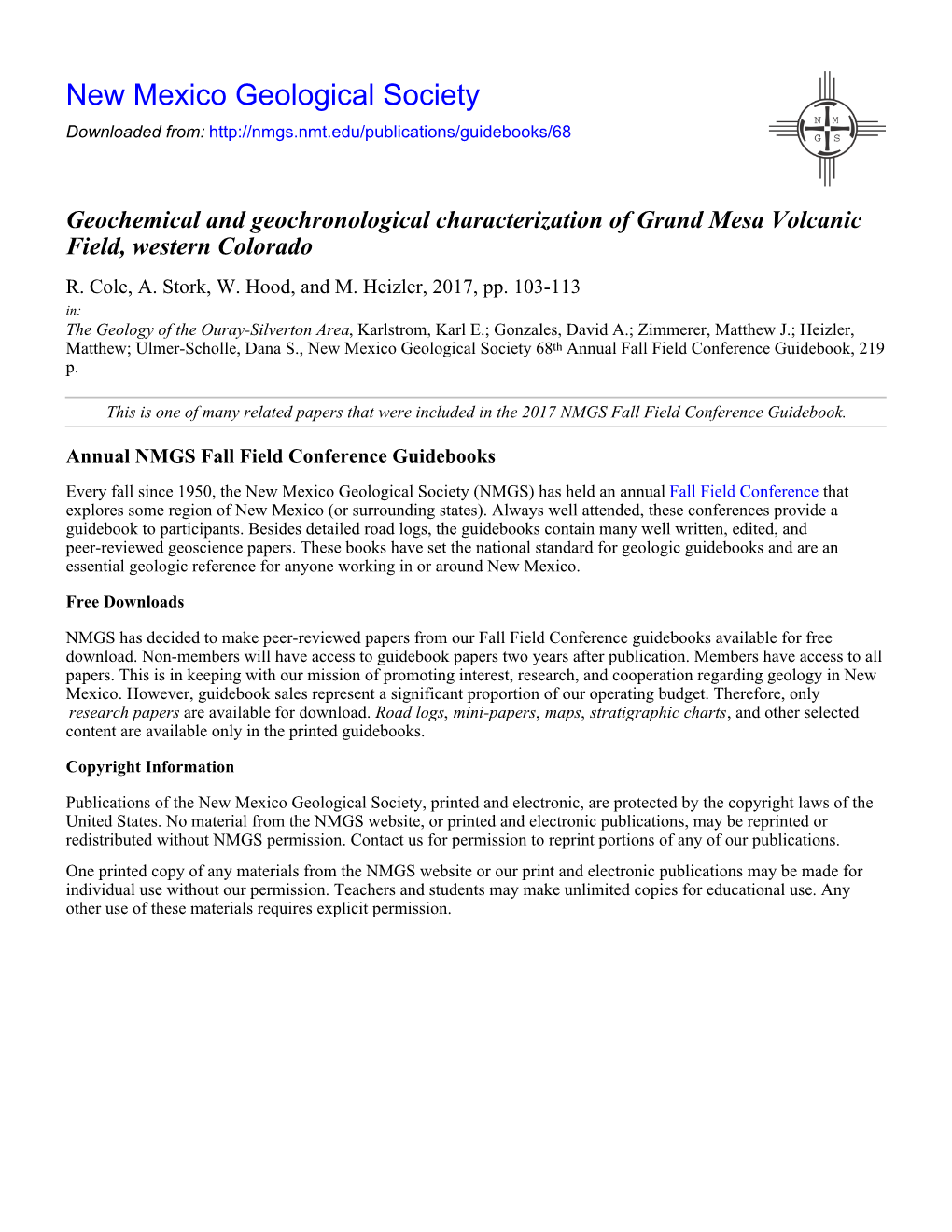 Geochemical and Geochronological Characterization of Grand Mesa Volcanic Field, Western Colorado R