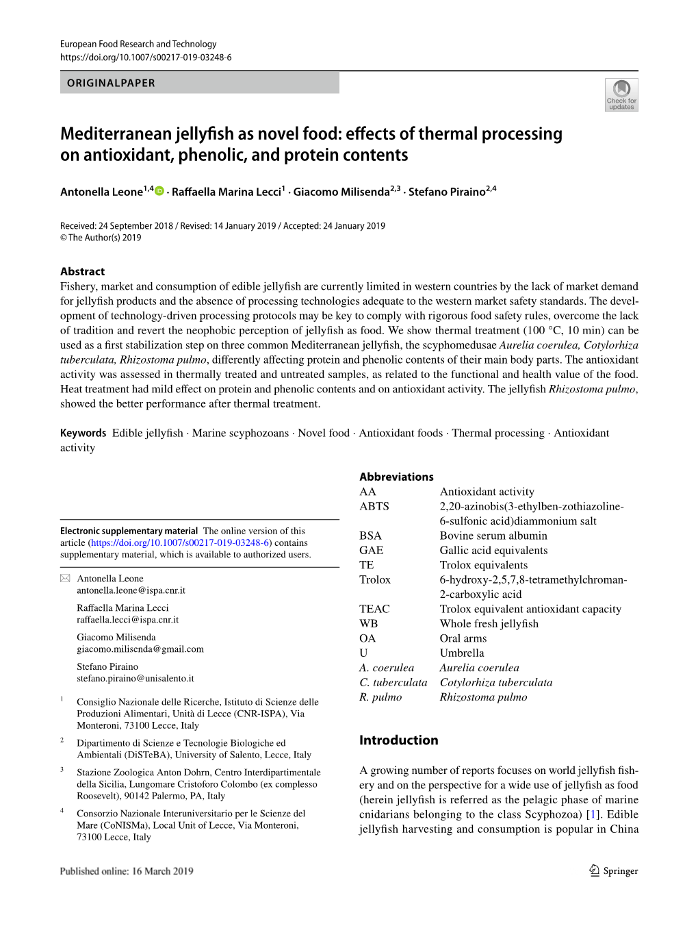 Mediterranean Jellyfish As Novel Food: Effects of Thermal Processing on Antioxidant, Phenolic, and Protein Contents