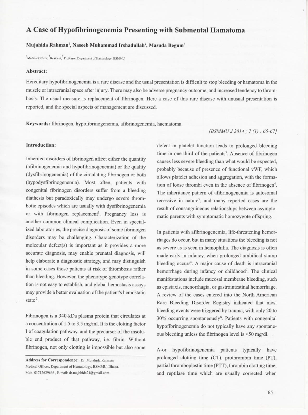 A Case of Hypofibrinogenemia Presenting with Submental Hamatoma