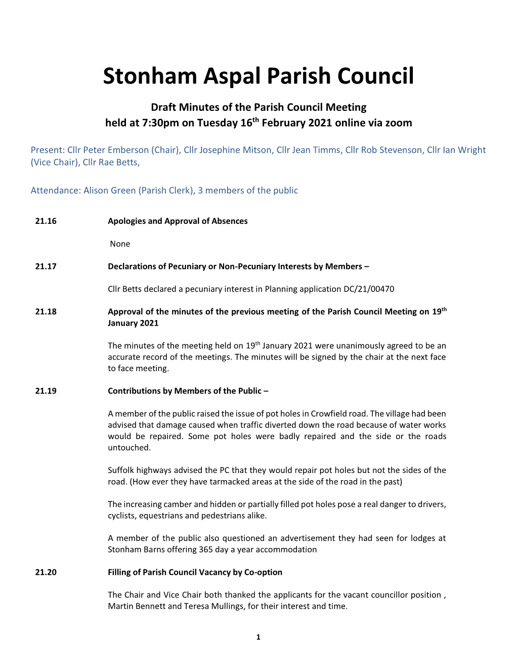 Draft Minutes Parish Council Meeting