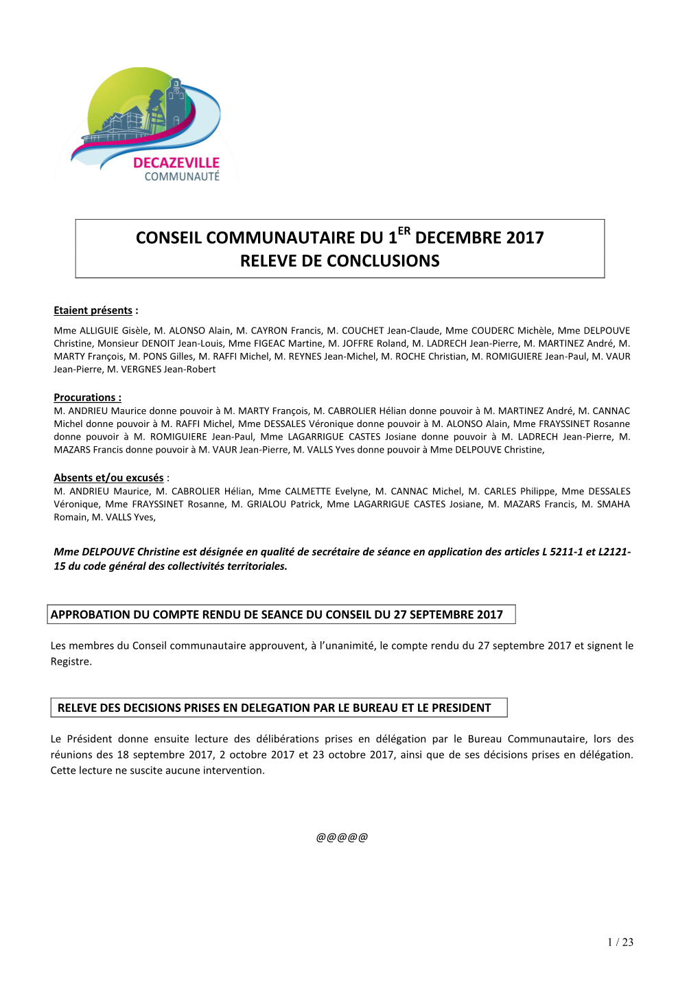 Conseil Communautaire Du 1Er Decembre 2017 Releve De Conclusions