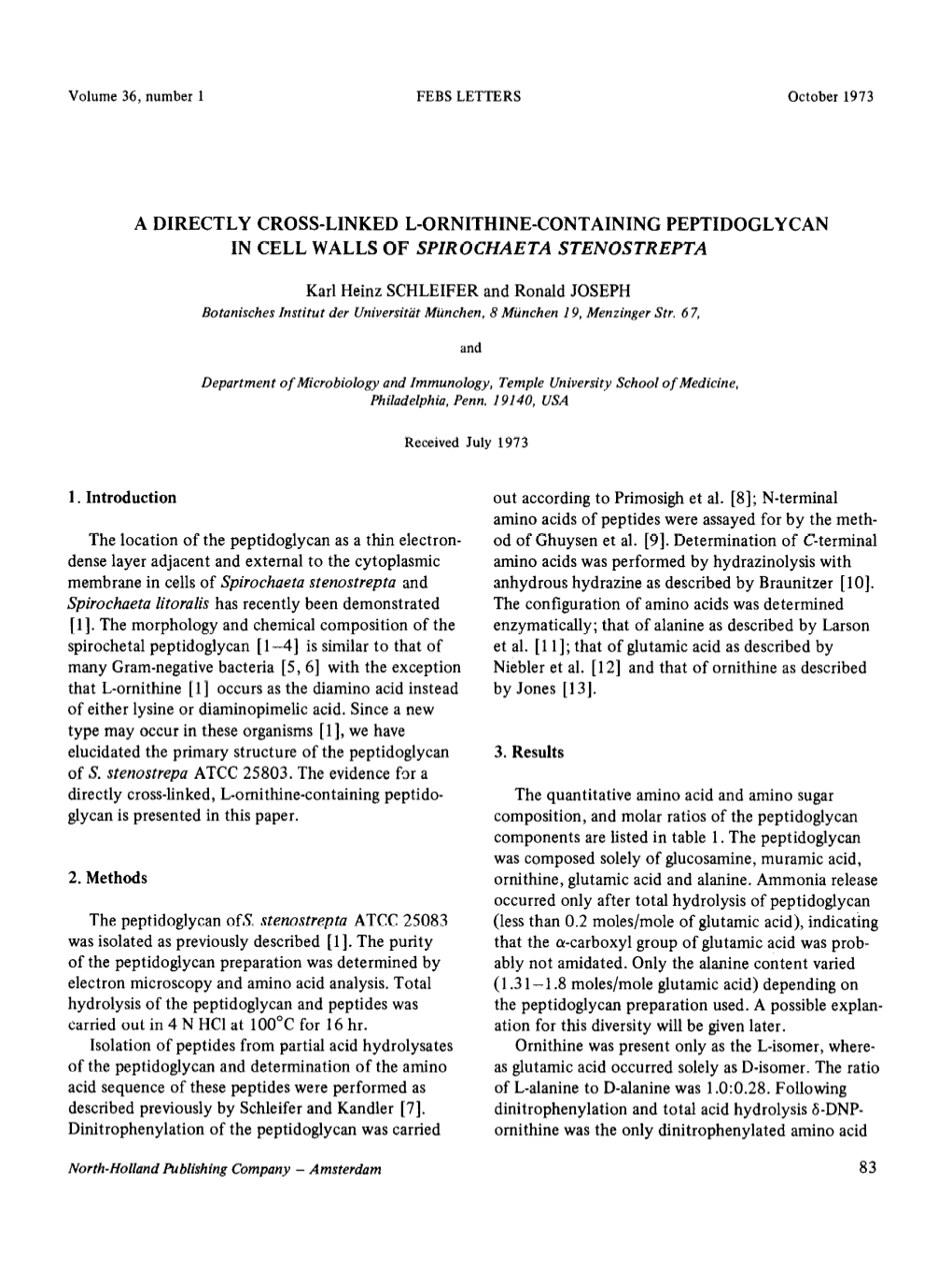 A Directly Cross-Linked L-Ornithine-Containing Peptidoglycan in Cell Walls of Spzrochaeta Stenostrepta