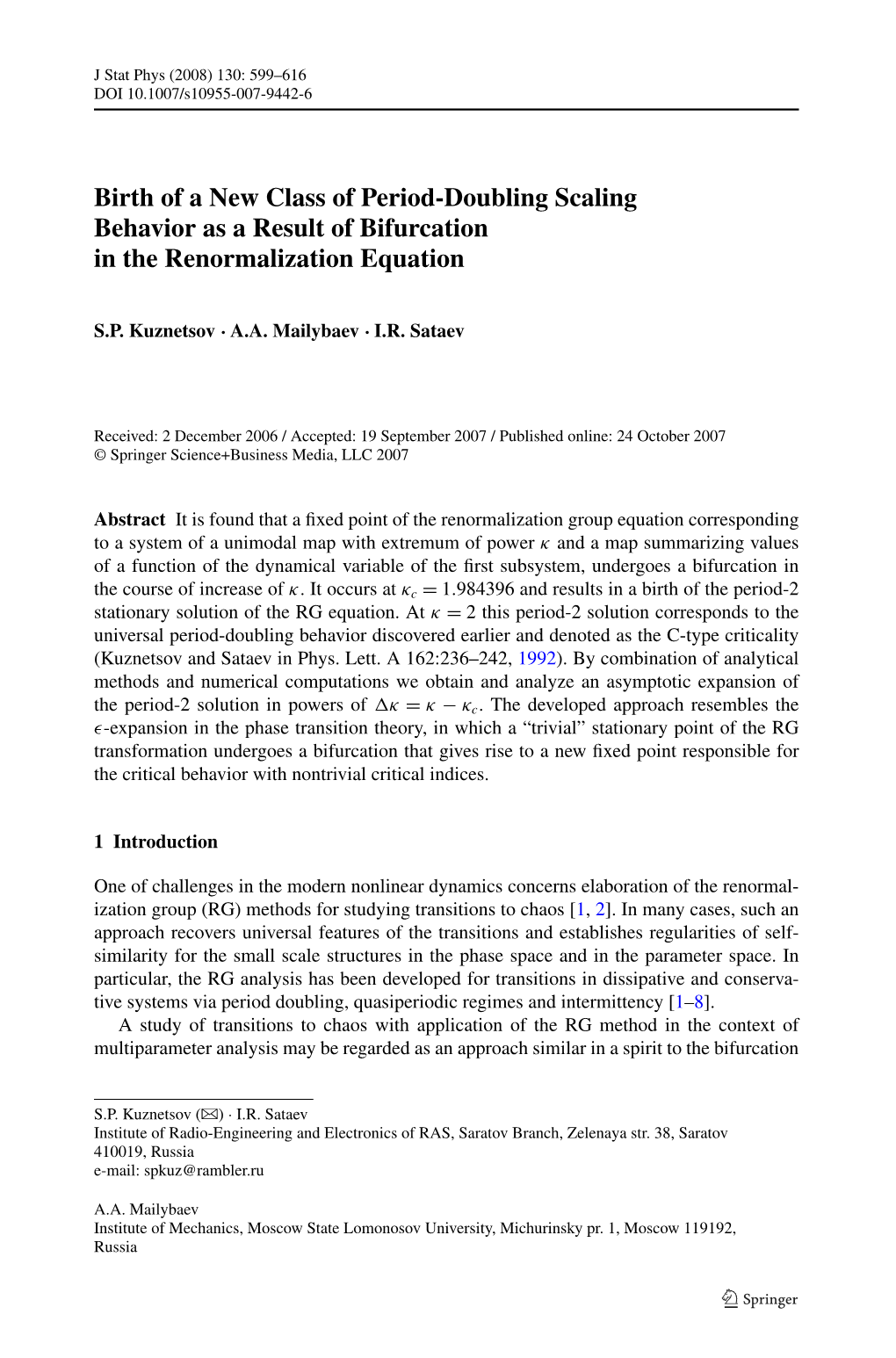 Birth of a New Class of Period-Doubling Scaling Behavior As a Result of Bifurcation in the Renormalization Equation