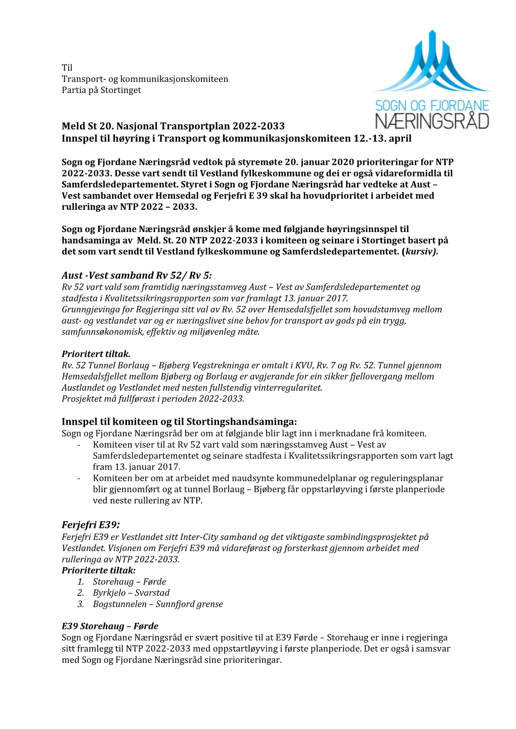 Meld St 20. Nasjonal Transportplan 2022-2033 Innspel Til Høyring I Transport Og Kommunikasjonskomiteen 12.-13