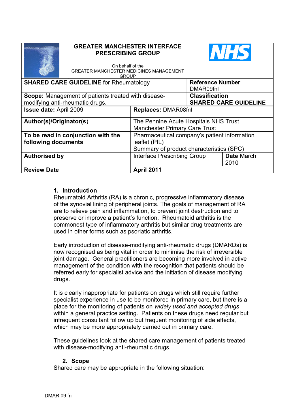 APPENDIX 1 Shared Care Guideline Format