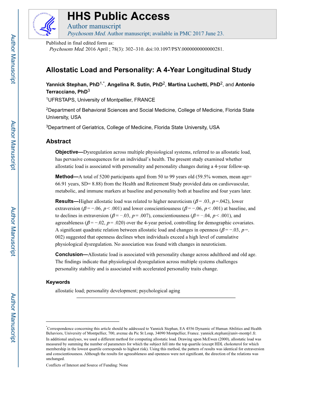 Allostatic Load and Personality: a 4-Year Longitudinal Study