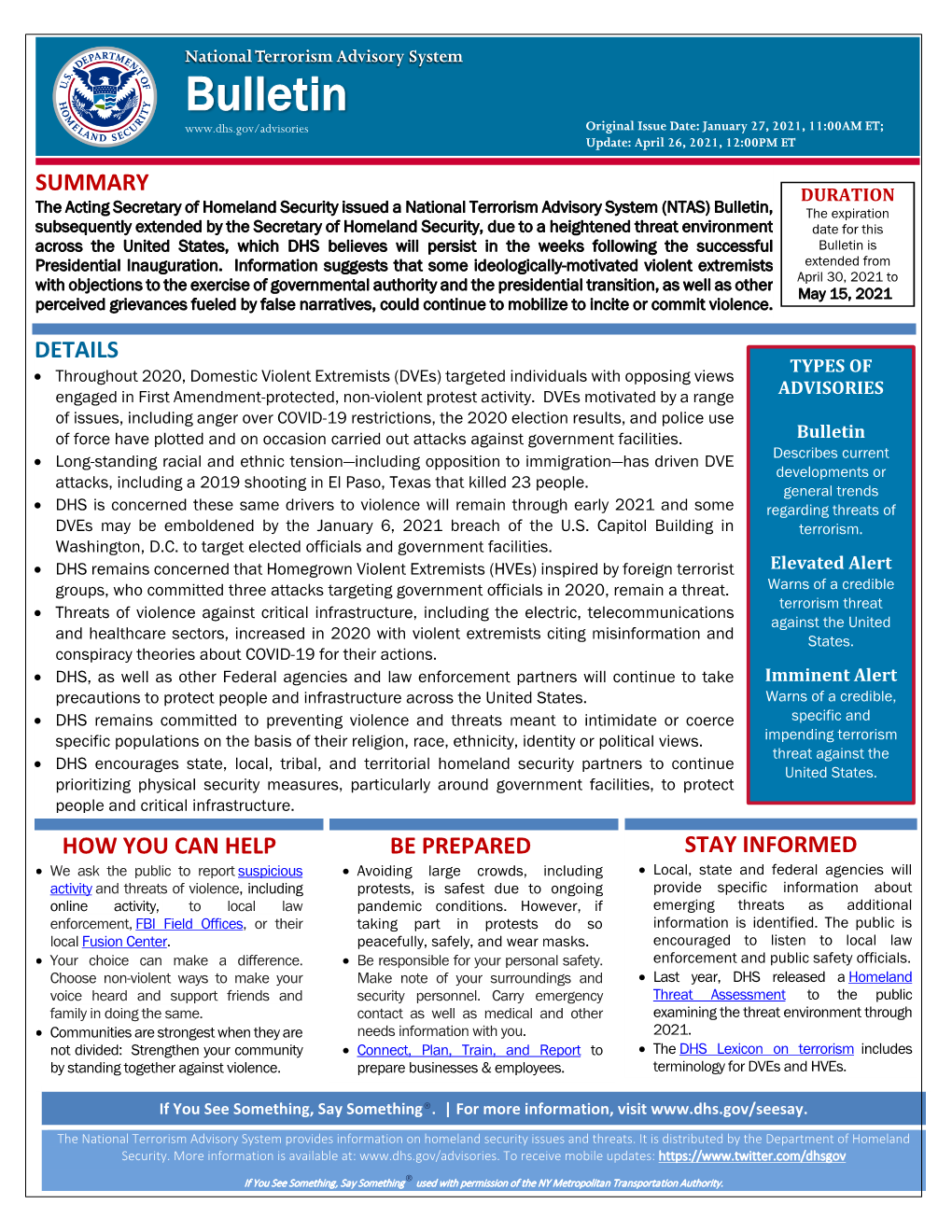 National Terrorism Advisory System Bulletin Original Issue Date: January 27, 2021, 11:00AM ET; Update: April 26, 2021, 12:00PM ET