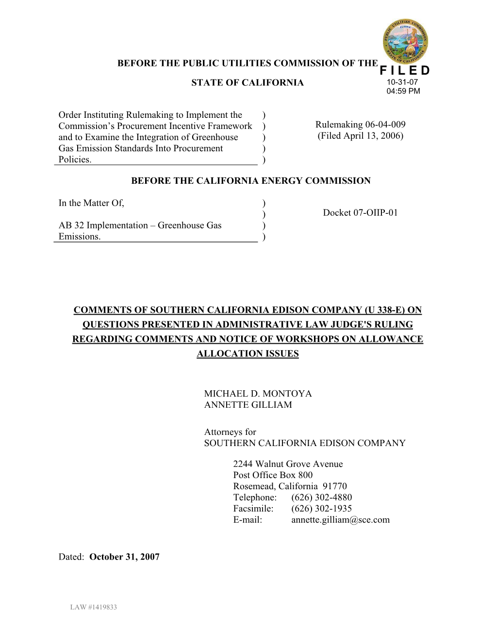 F I L E D State of California 10-31-07 04:59 Pm