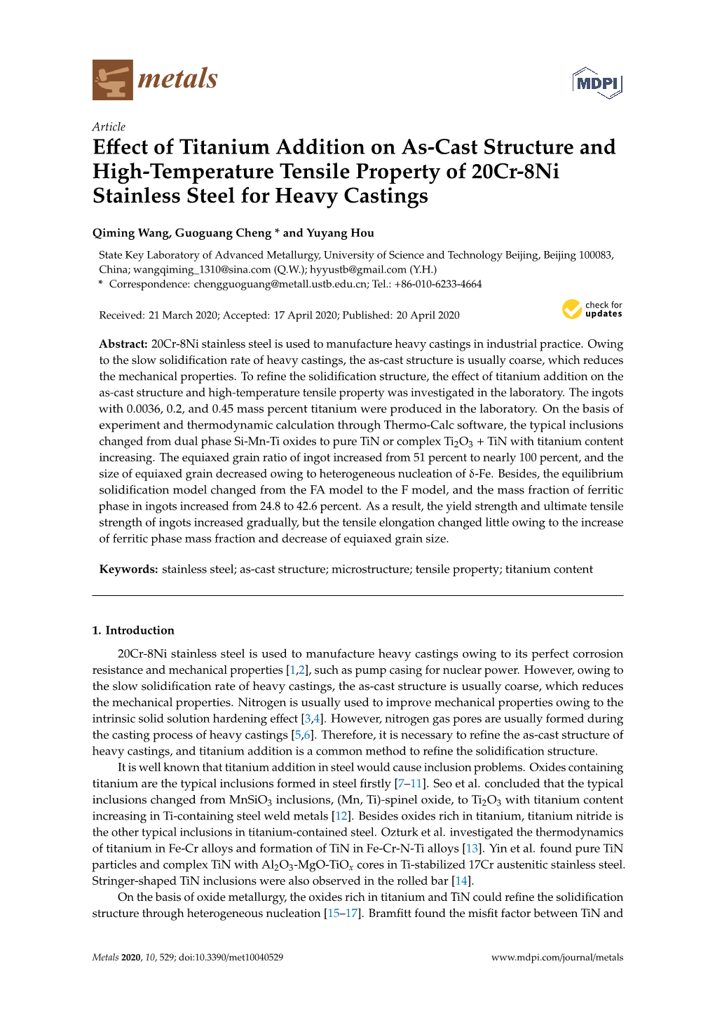 Effect of Titanium Addition on As-Cast Structure and High-Temperature