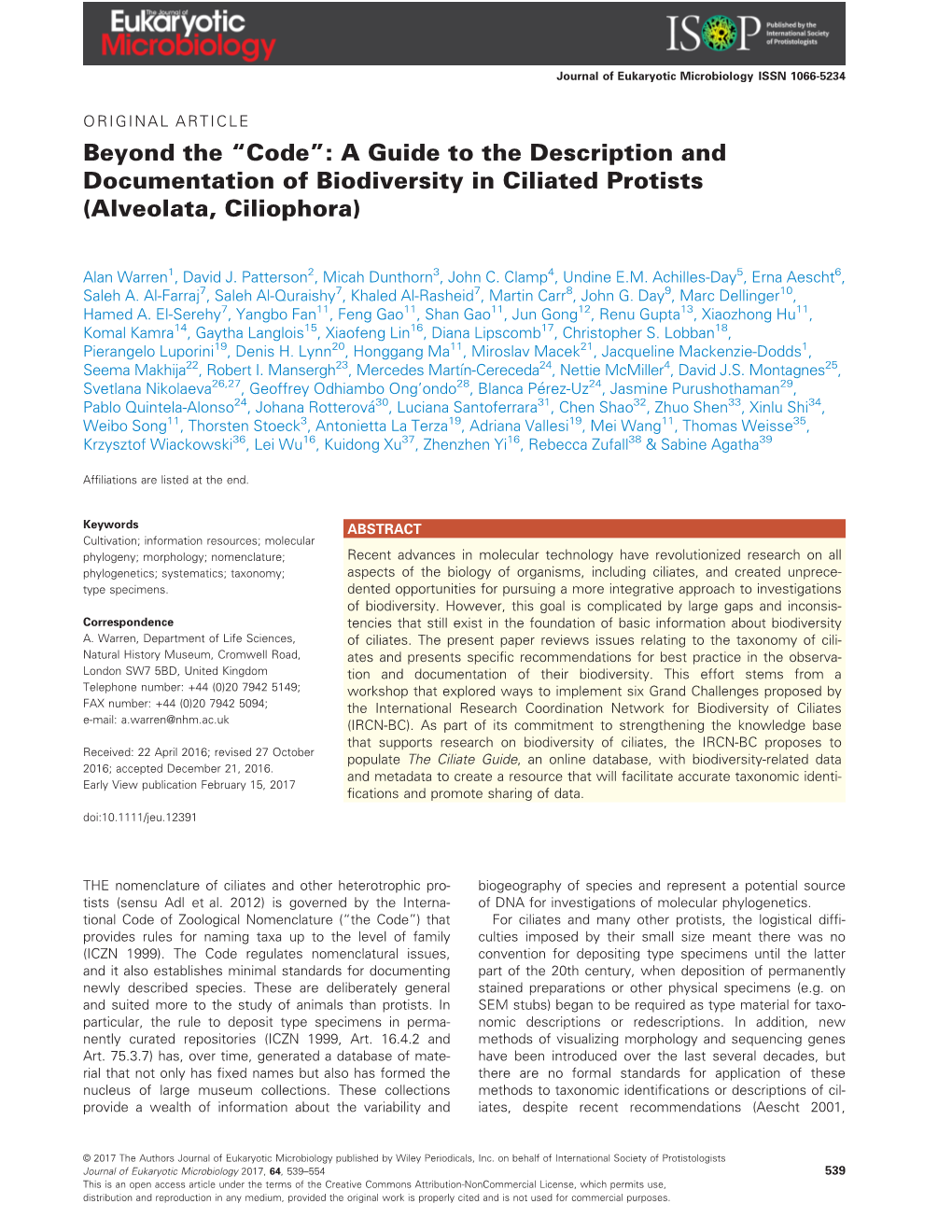 “Code”: a Guide to the Description and Documentation of Biodiversity in Ciliated Protists (Alveolata, Ciliophora)