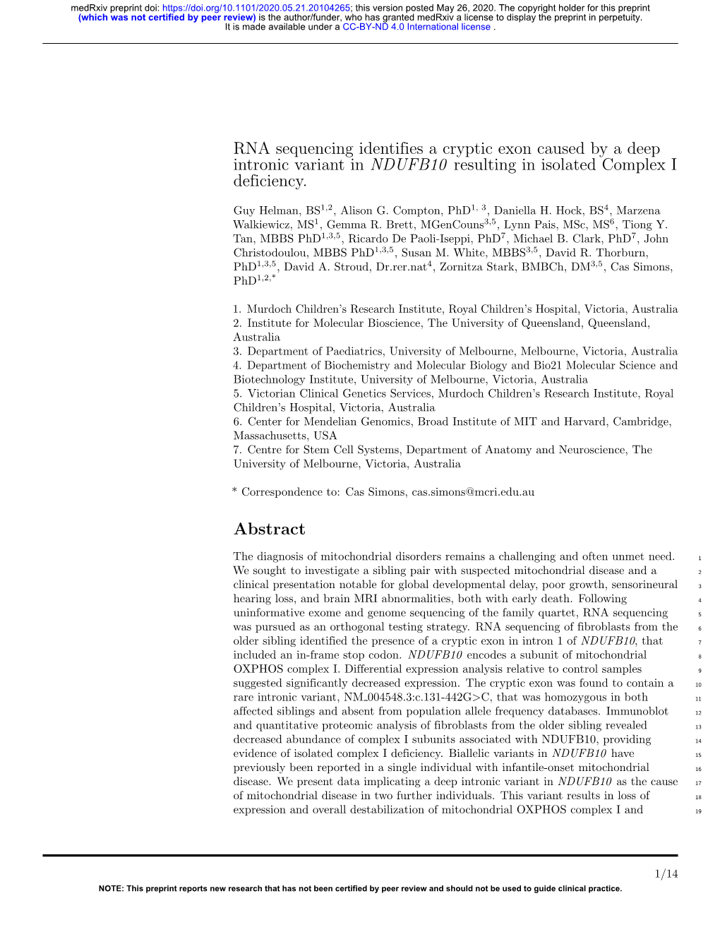 RNA Sequencing Identifies a Cryptic Exon Caused by a Deep Intronic Variant in NDUFB10 Resulting in Isolated Complex I Deficiency