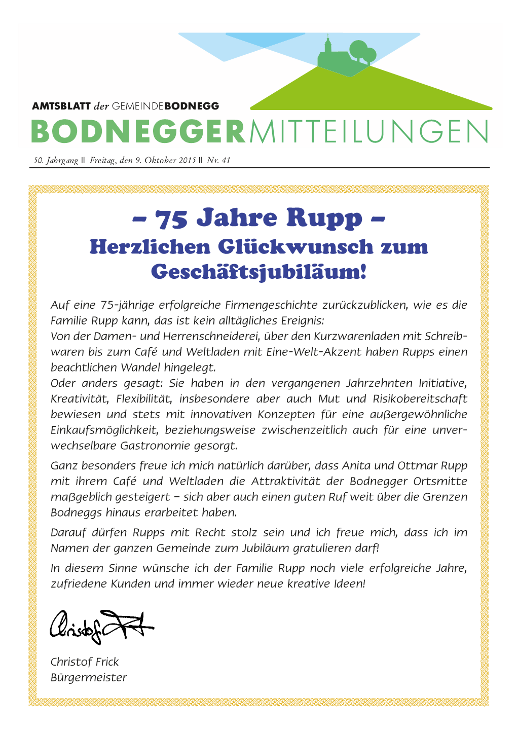 – 75 Jahre Rupp – Herzlichen Glückwunsch Zum Geschäftsjubiläum!