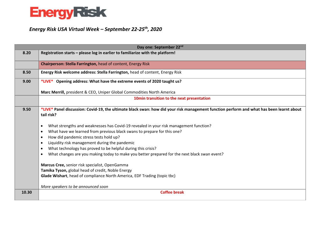 Energy Risk USA Virtual Week – September 22-25Th, 2020