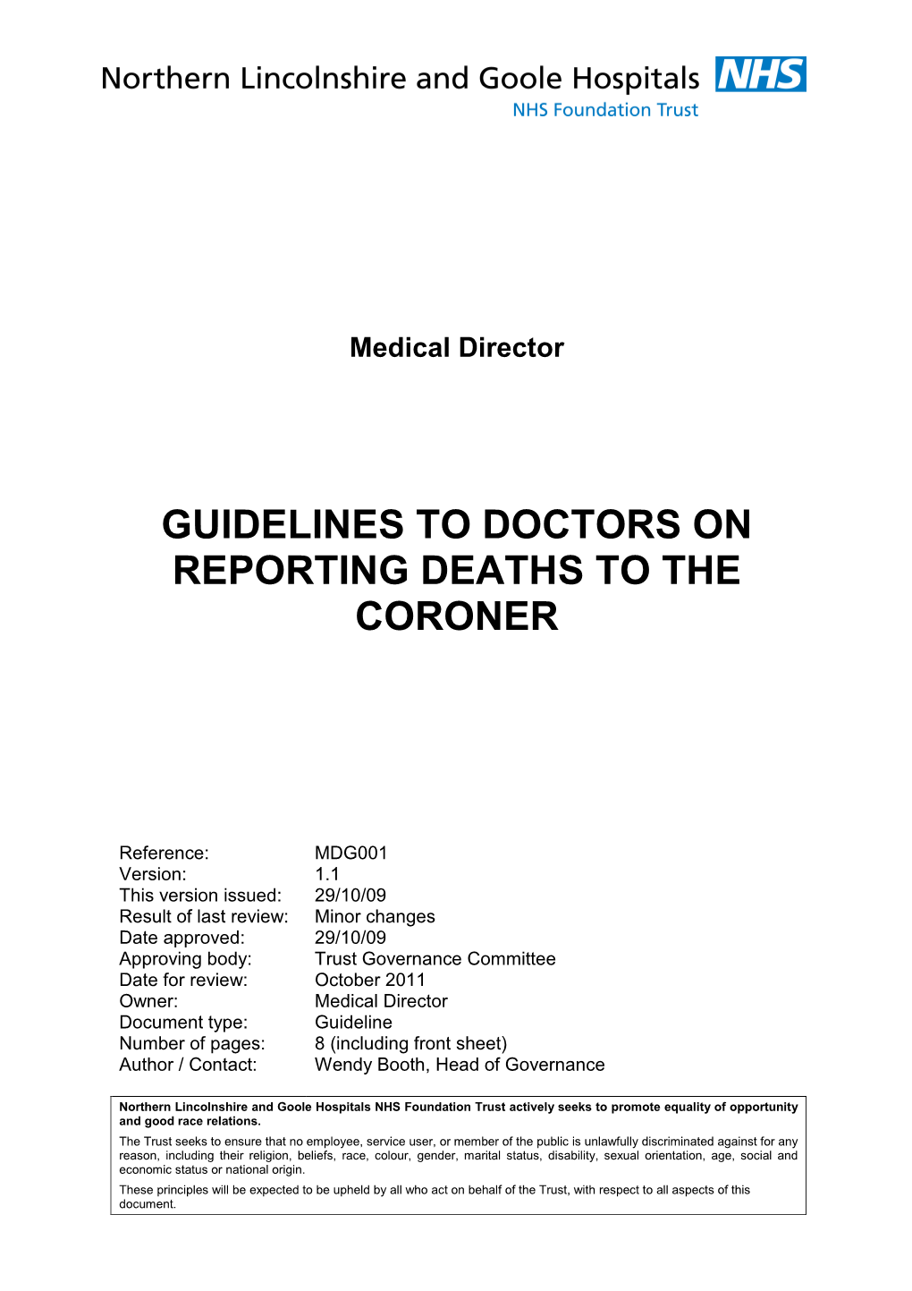 Guidelines to Doctors on Reporting Deaths to the Coroner