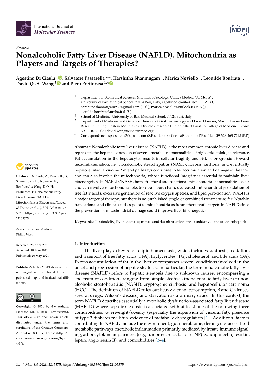 Nonalcoholic Fatty Liver Disease (NAFLD). Mitochondria As Players and Targets of Therapies?