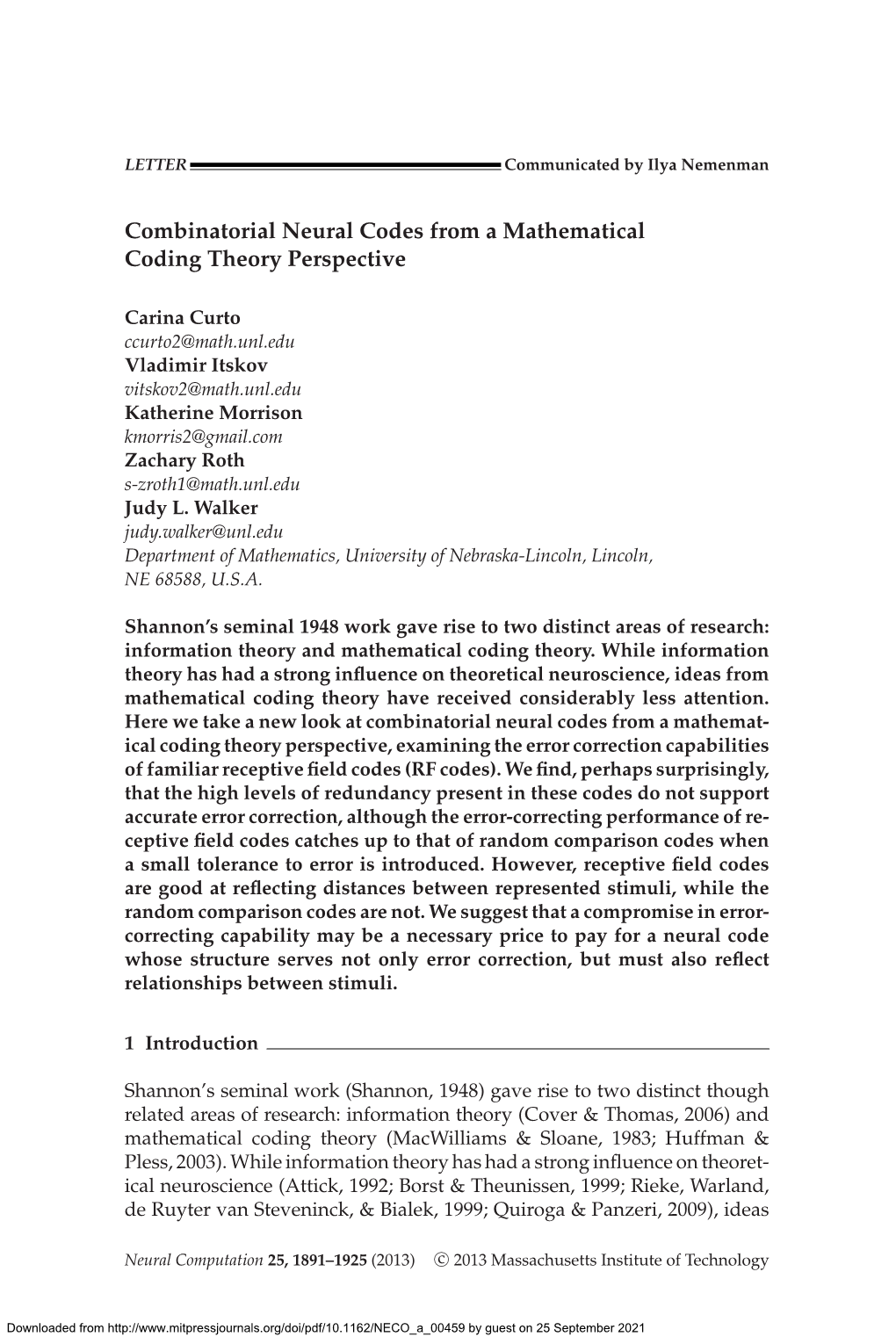 Combinatorial Neural Codes from a Mathematical Coding Theory Perspective