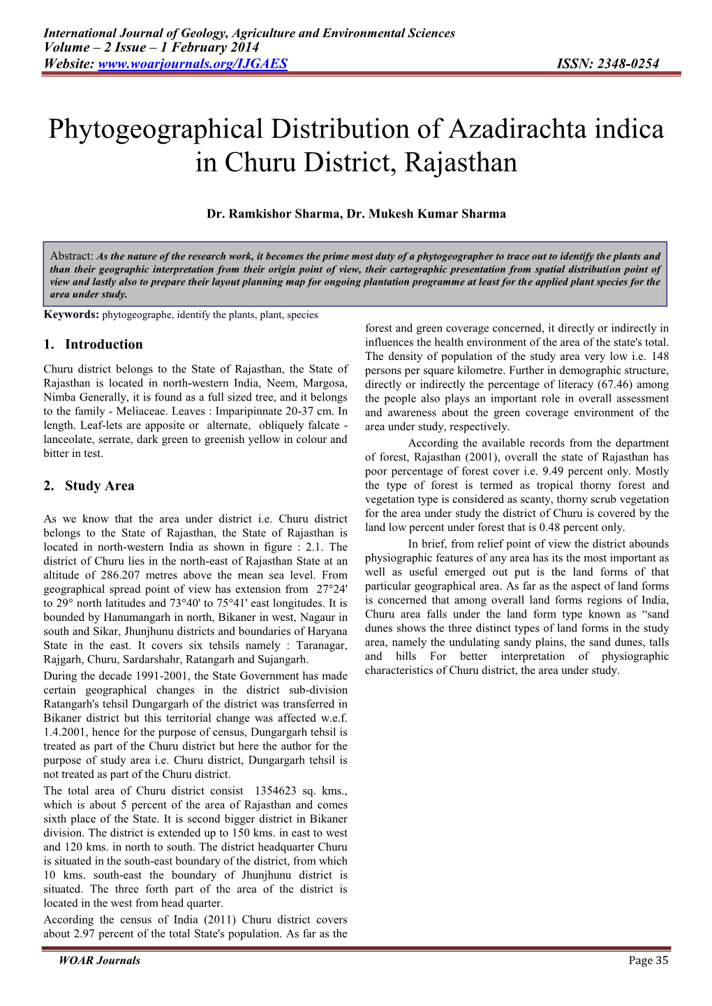 Phytogeographical Distribution of Azadirachta Indica in Churu District, Rajasthan