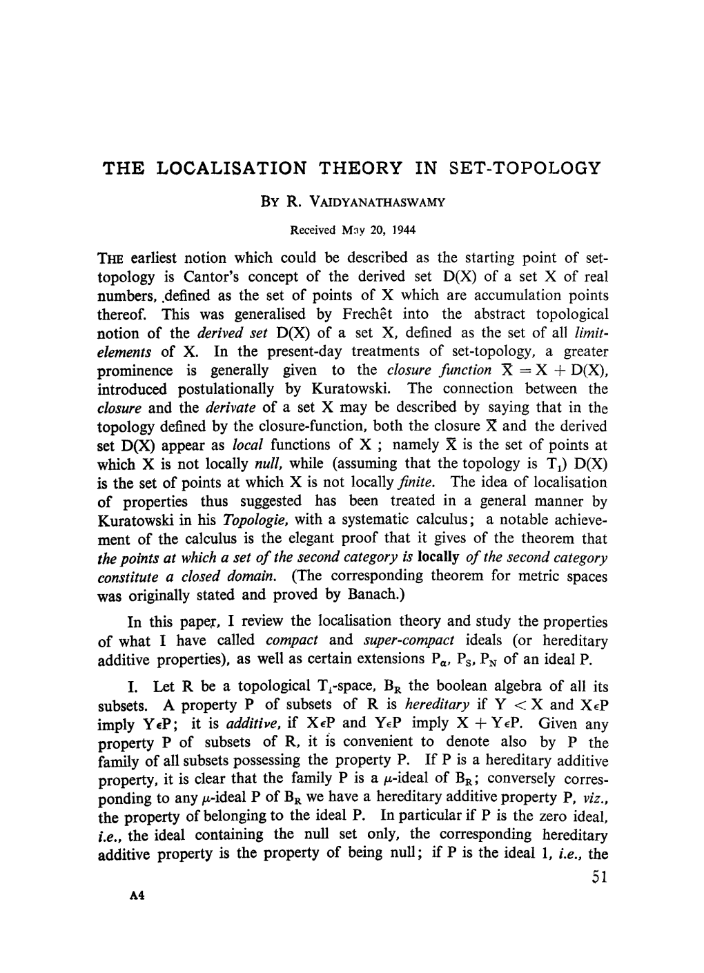 The Localisation Theory in Set-Topology by R. Vaidyanathaswamy