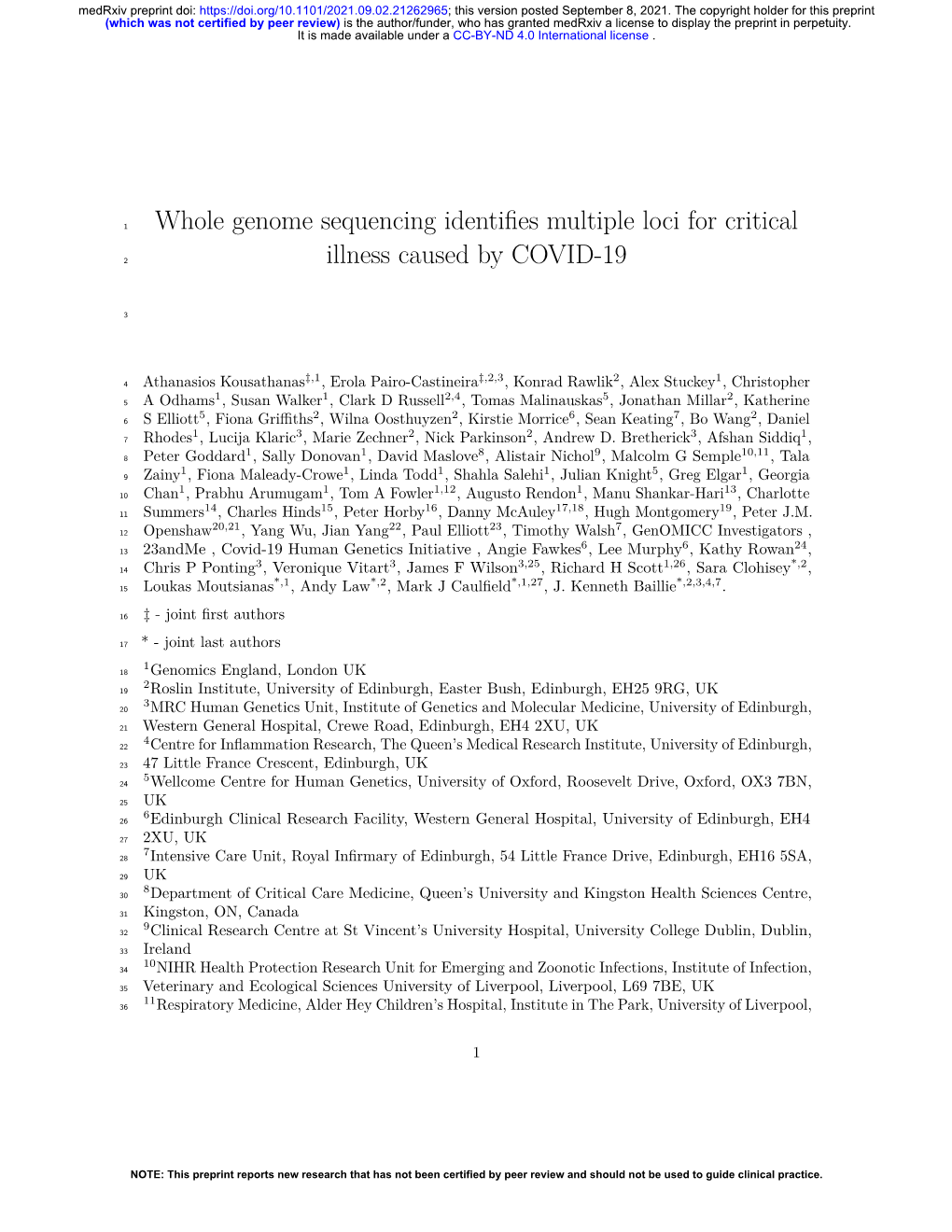 Whole Genome Sequencing Identifies Multiple Loci for Critical Illness Caused by COVID-19