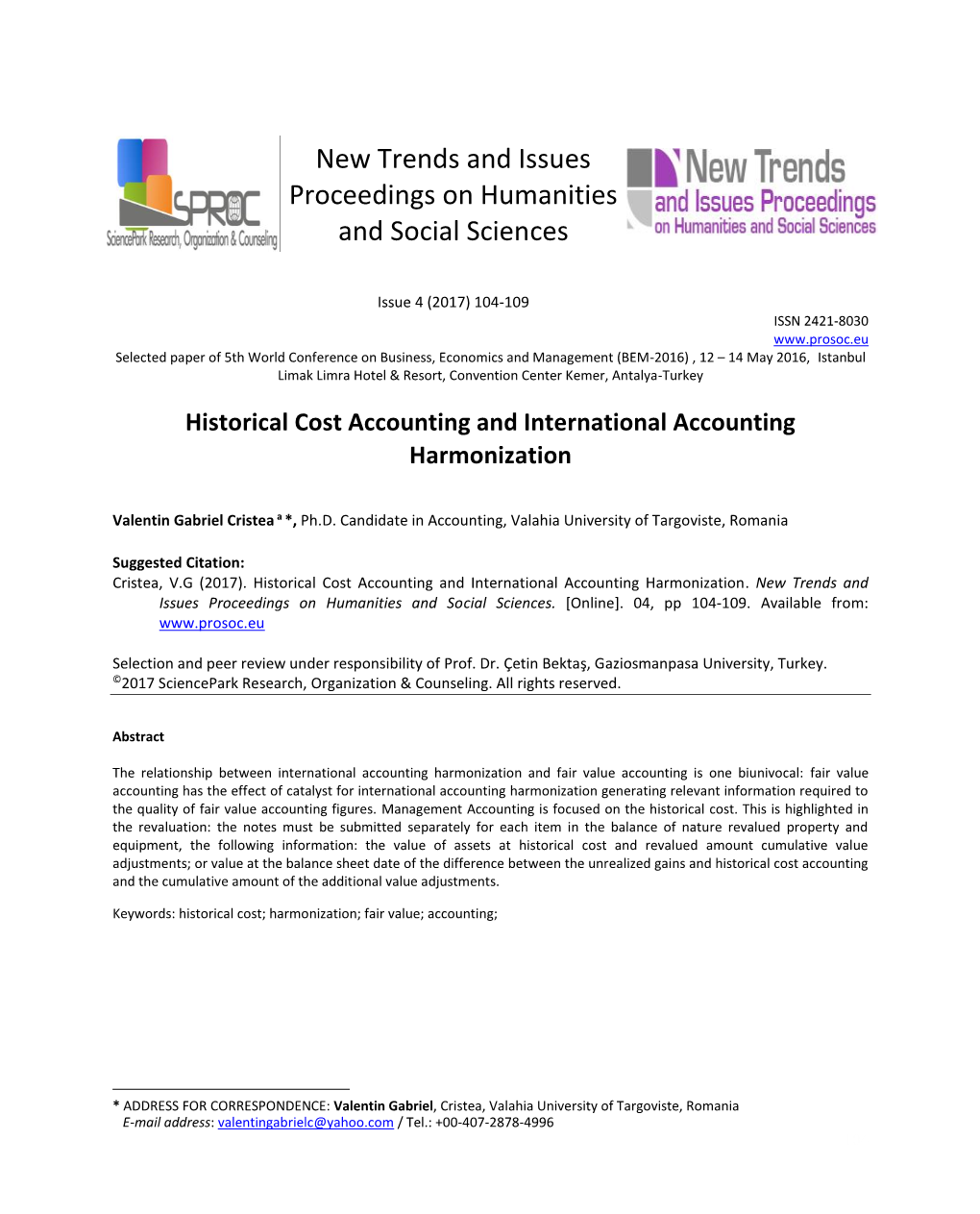 Historical Cost Accounting and International Accounting Harmonization