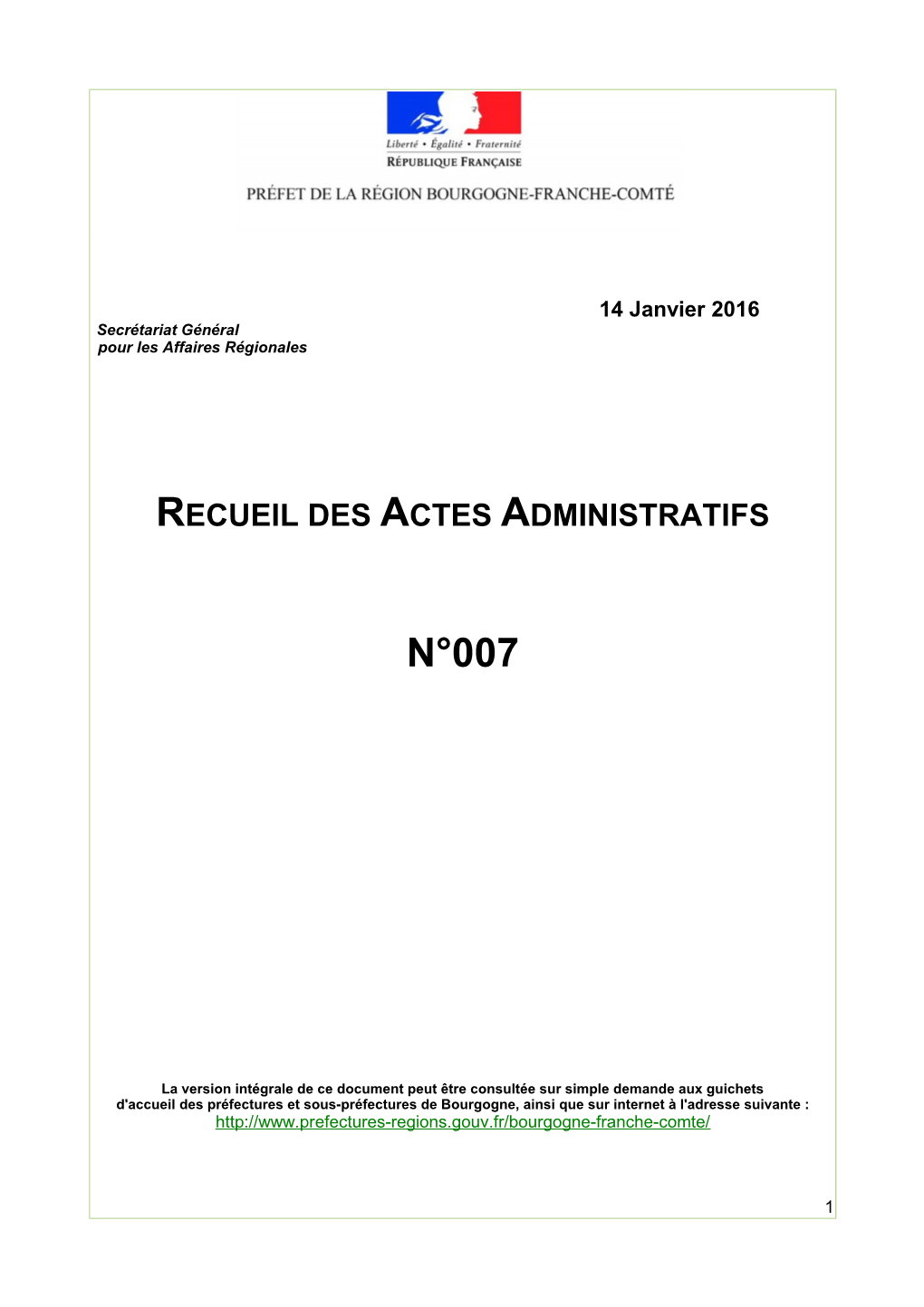 Recueil Des Actes Administratifs N°007