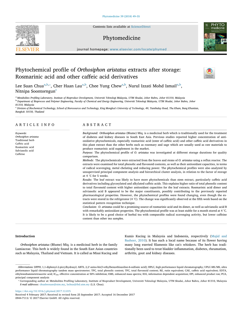 Phytochemical Profile of Orthosiphon Aristatus Extracts After Storage Rosmarinic Acid and Other Caffeic Acid Derivatives