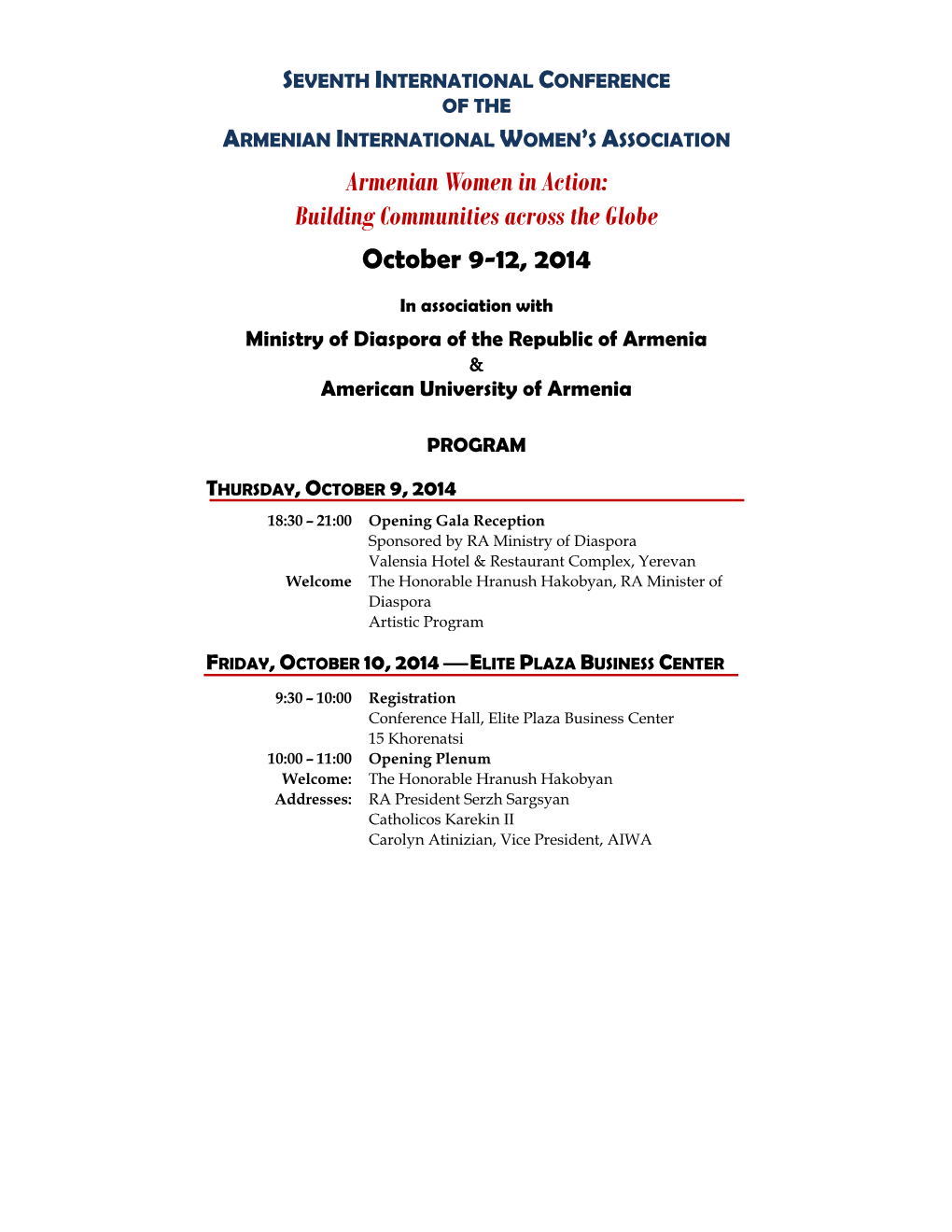 Armenian Women in Action: Building Communities Across the Globe October 9-12, 2014