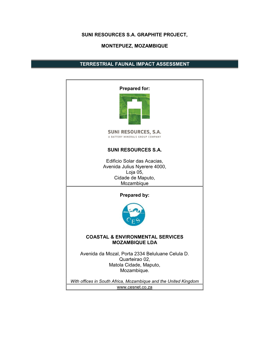 Suni Resources S.A. Graphite Project, Montepuez