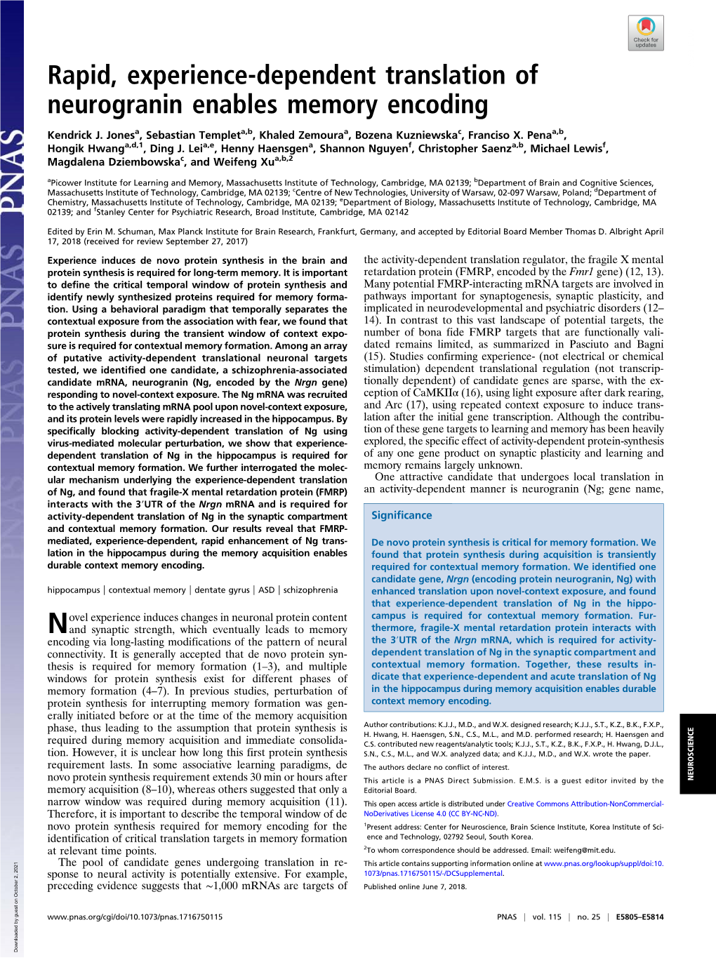 Rapid, Experience-Dependent Translation of Neurogranin Enables