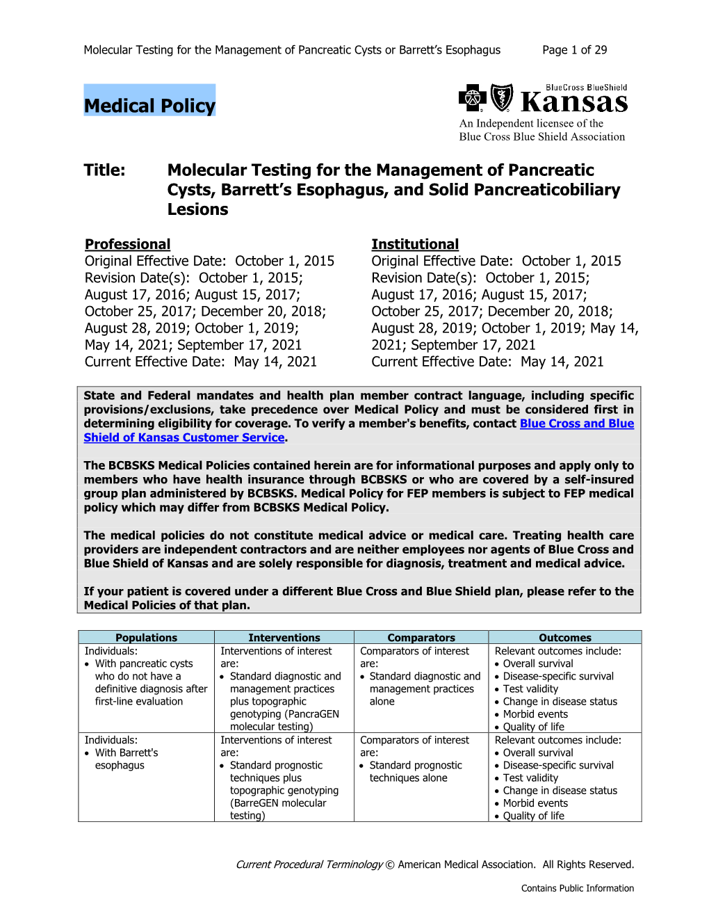 Molecular Testing for the Management of Pancreatic Cysts, Barrett's