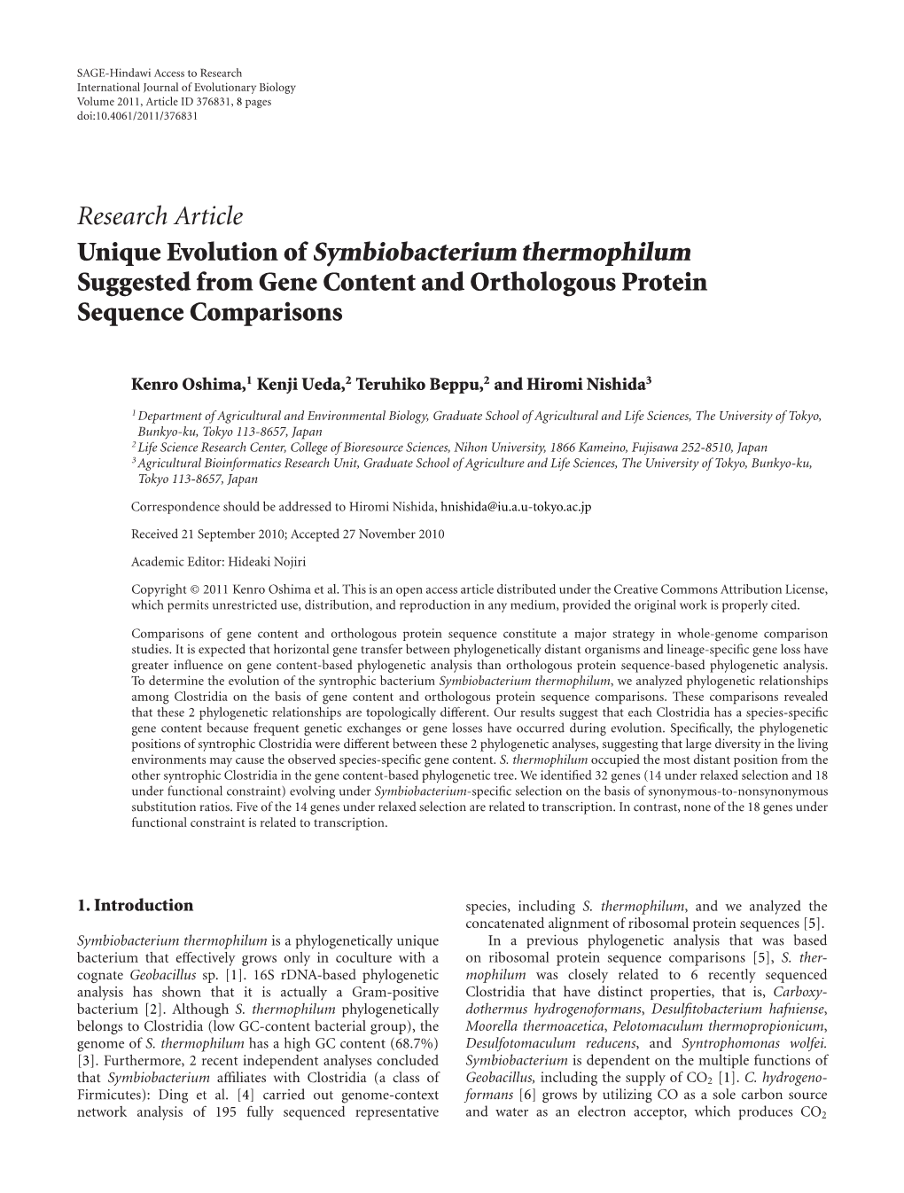 Unique Evolution of Symbiobacterium Thermophilum Suggested from Gene Content and Orthologous Protein Sequence Comparisons