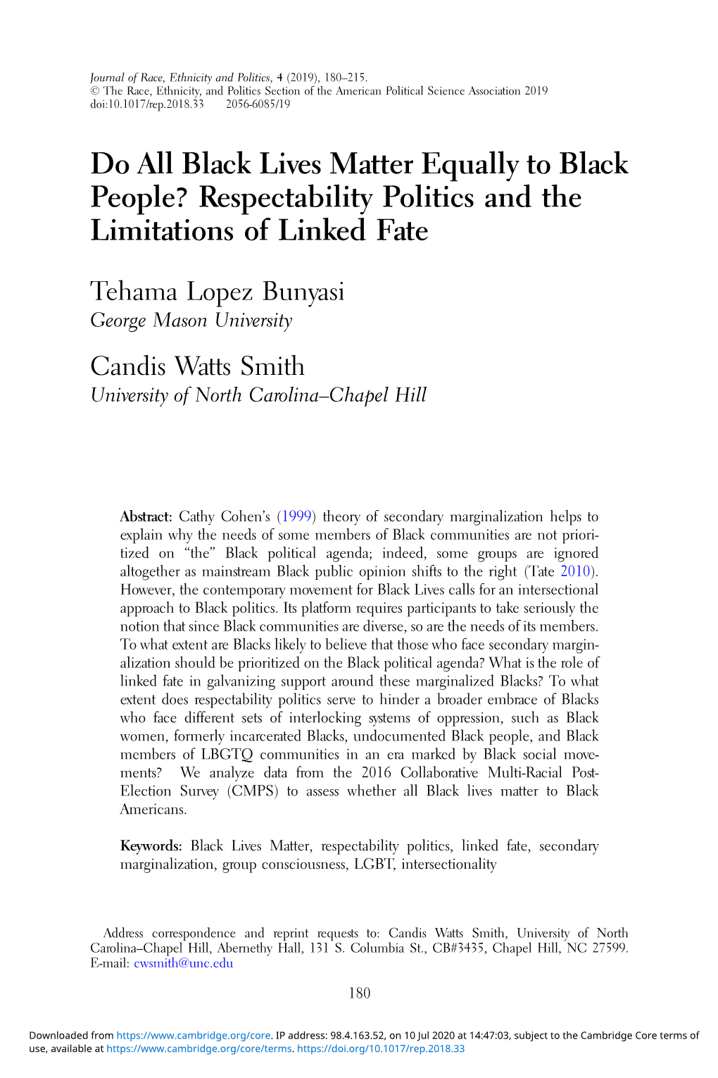 Do All Black Lives Matter Equally to Black People? Respectability Politics and the Limitations of Linked Fate