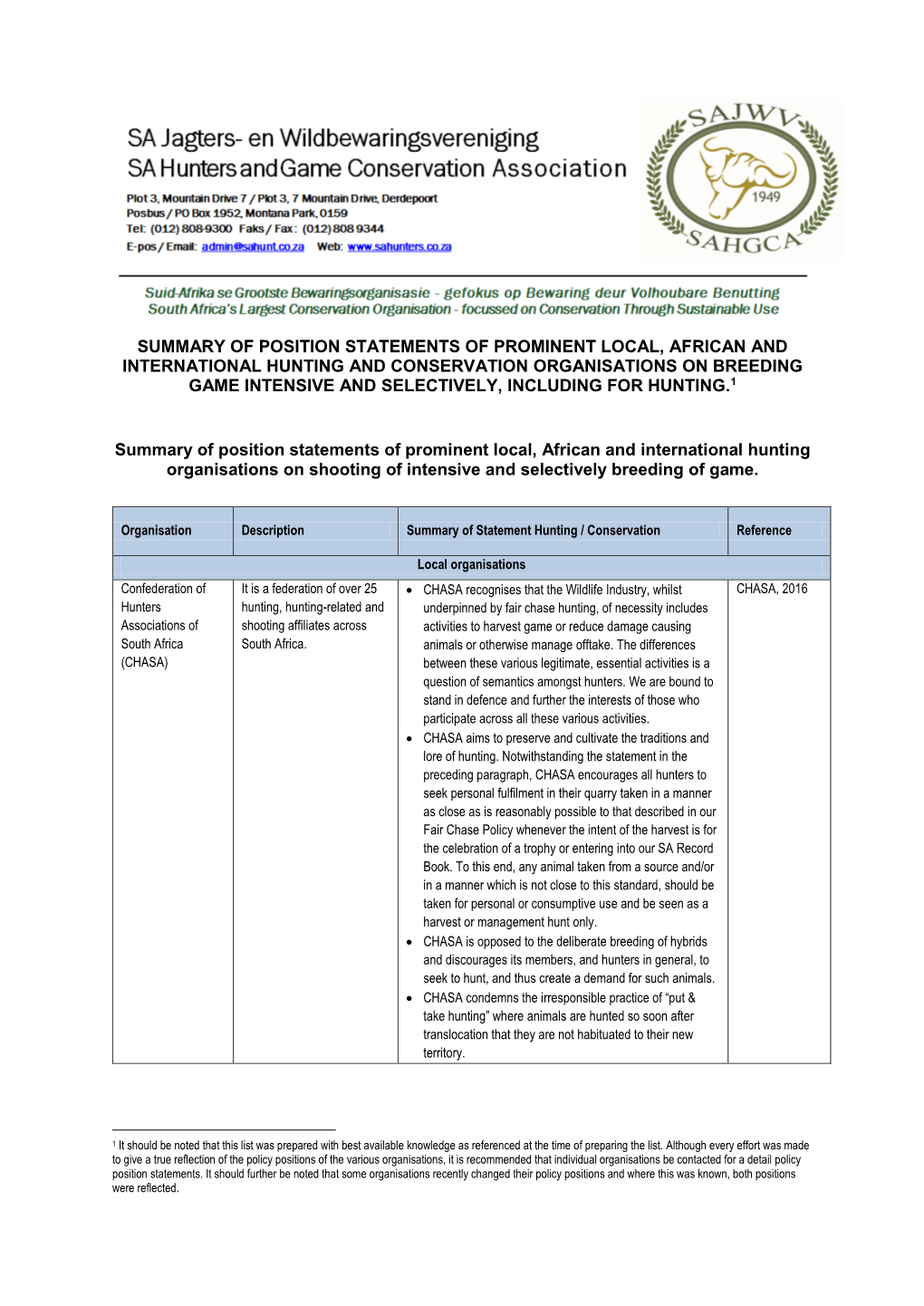 Summary of Position Statements of Prominent Local, African