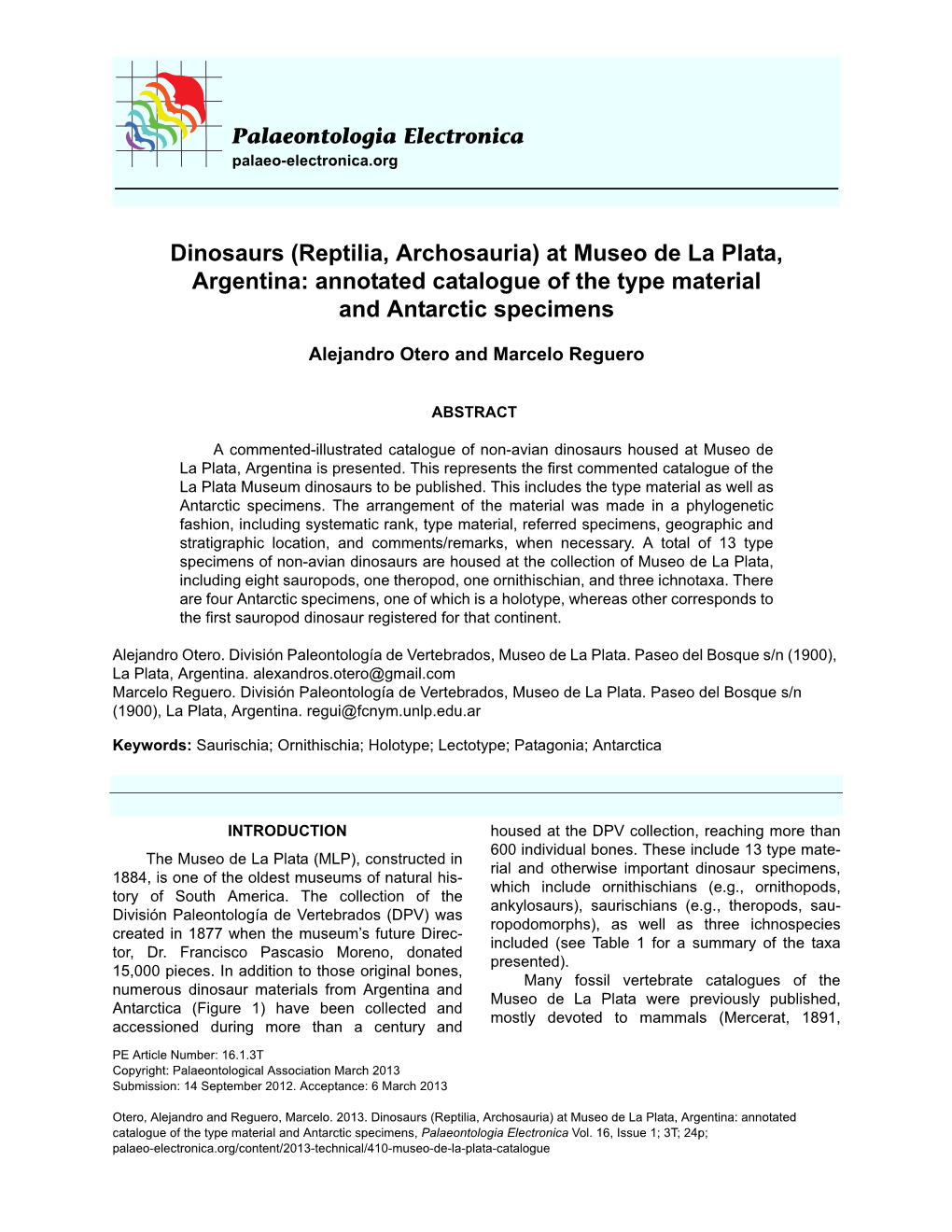 Dinosaurs (Reptilia, Archosauria) at Museo De La Plata, Argentina: Annotated Catalogue of the Type Material and Antarctic Specimens