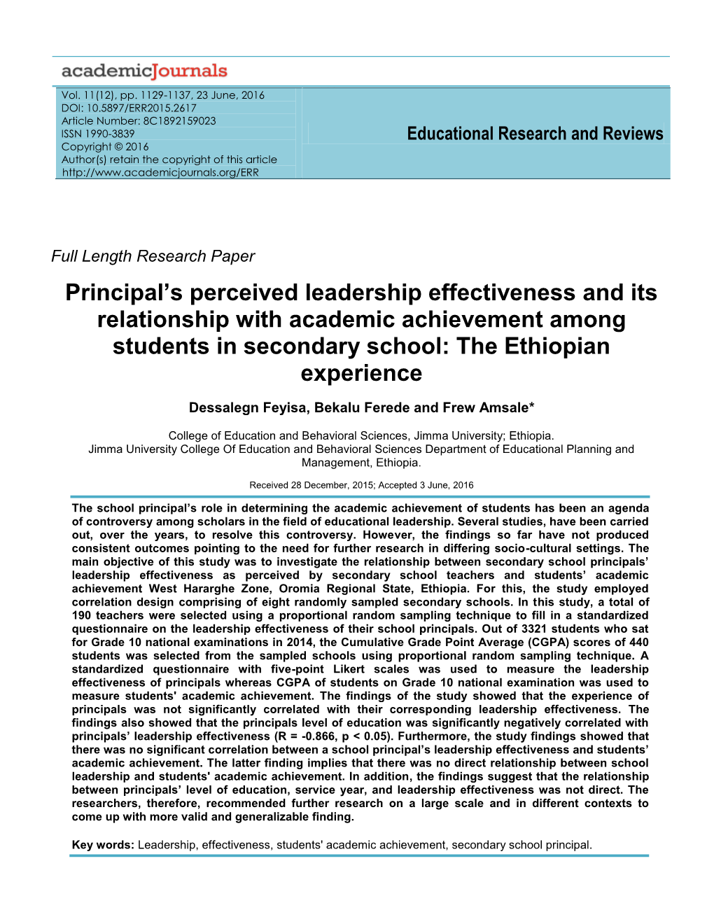 Principal's Perceived Leadership Effectiveness and Its Relationship